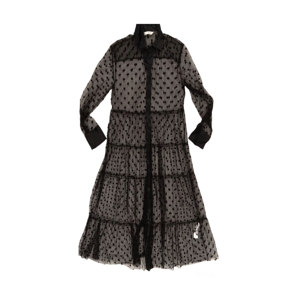 ZARA Womens Black Sheer Polka Dot Tulle Collared Button Up Maxi Dress. SZ Large